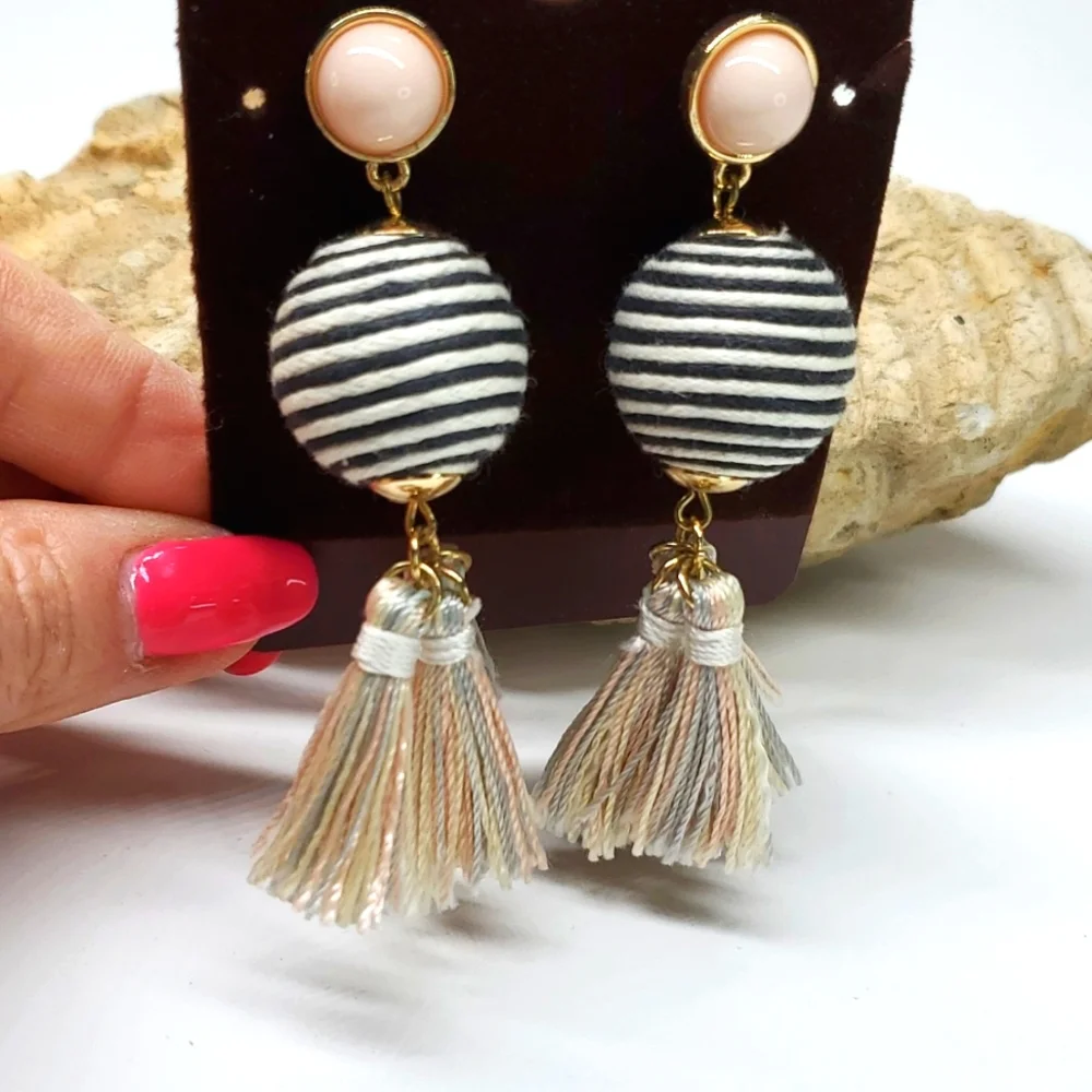 SugarFix Dangly Boho Earrings in Black White Stripped Pastel Tassels